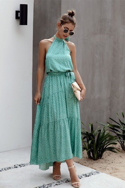 Tie Back Polka Dot Ruffle Hem Halter Dress - p3 Boutique