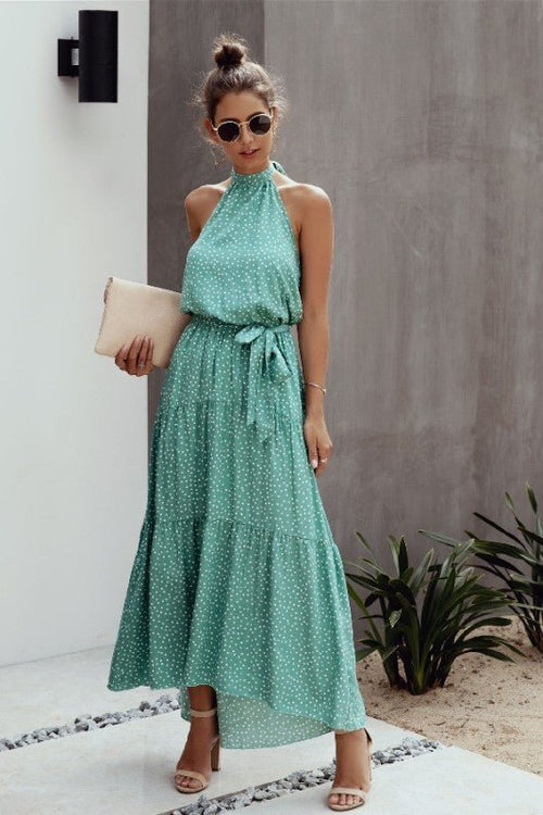 Tie Back Polka Dot Ruffle Hem Halter Dress - p3 Boutique
