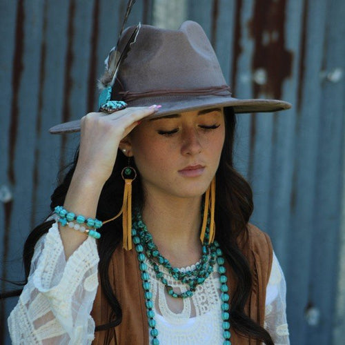 Turquoise Drop Earring with Leather Tassel Mustard - p3 Boutique