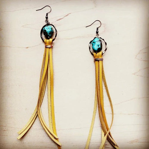 Turquoise Drop Earring with Leather Tassel Mustard - p3 Boutique