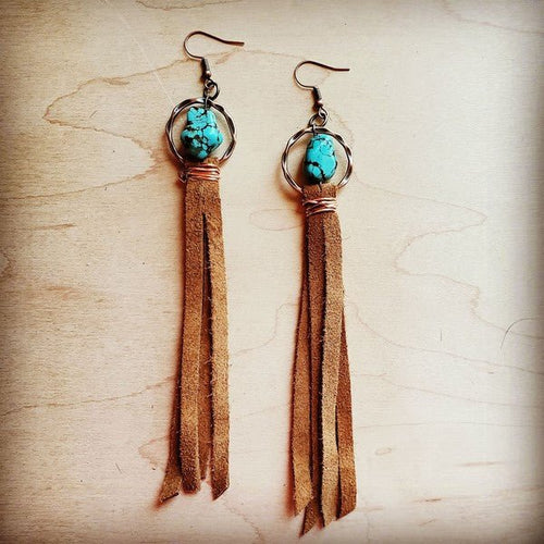 Turquoise drop earrings w/ suede leather tassel - p3 Boutique