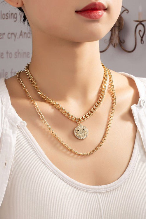 Two necklaces set with cuban chain and smiley face - p3 Boutique