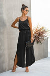 V Neck Suspenders Wide Leg Side Slit Jumpsuit - p3 Boutique