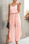 V Neck Suspenders Wide Leg Side Slit Jumpsuit - p3 Boutique
