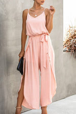 V Neck Suspenders Wide Leg Side Slit Jumpsuit - p3 Boutique