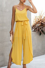 V Neck Suspenders Wide Leg Side Slit Jumpsuit - p3 Boutique