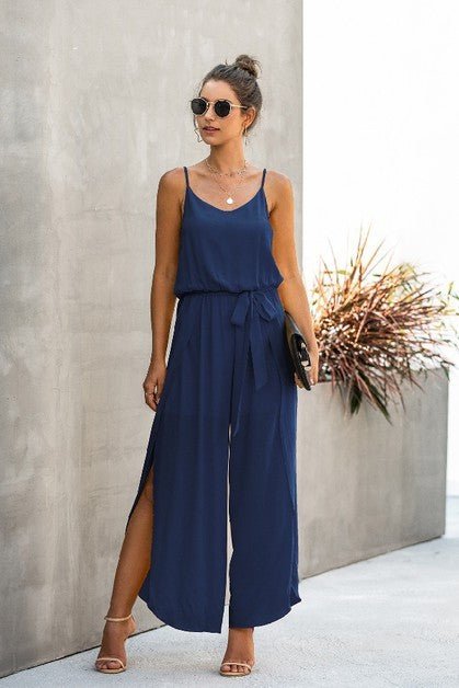 V Neck Suspenders Wide Leg Side Slit Jumpsuit - p3 Boutique