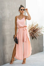 V Neck Suspenders Wide Leg Side Slit Jumpsuit - p3 Boutique