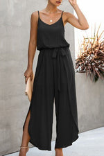 V Neck Suspenders Wide Leg Side Slit Jumpsuit - p3 Boutique