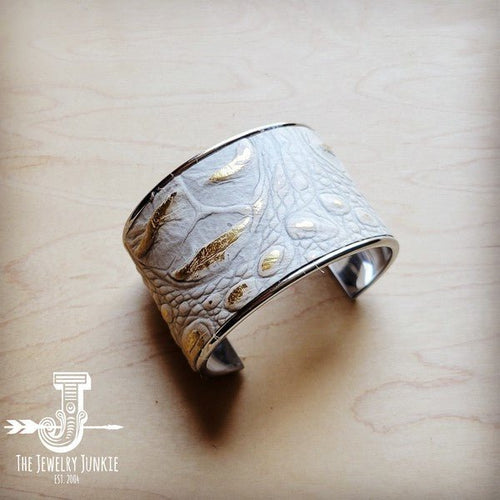 Wide Cuff Bangle Bracelet in Gold Gator Leather - p3 Boutique