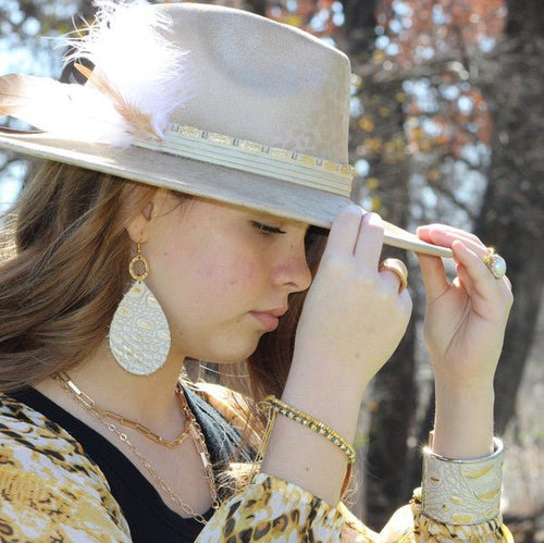 Wide Cuff Bangle Bracelet in Gold Gator Leather - p3 Boutique