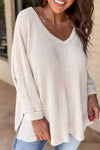 Women Waffle Knit Side Slits Loose Fit V Neck Top - p3 Boutique