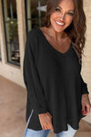 Women Waffle Knit Side Slits Loose Fit V Neck Top - p3 Boutique