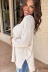 Women Waffle Knit Side Slits Loose Fit V Neck Top - p3 Boutique