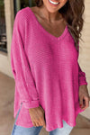 Women Waffle Knit Side Slits Loose Fit V Neck Top - p3 Boutique