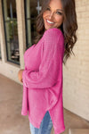 Women Waffle Knit Side Slits Loose Fit V Neck Top - p3 Boutique