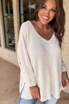 Women Waffle Knit Side Slits Loose Fit V Neck Top - p3 Boutique