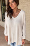 Women Waffle Knit Side Slits Loose Fit V Neck Top - p3 Boutique