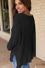 Women Waffle Knit Side Slits Loose Fit V Neck Top - p3 Boutique