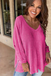 Women Waffle Knit Side Slits Loose Fit V Neck Top - p3 Boutique
