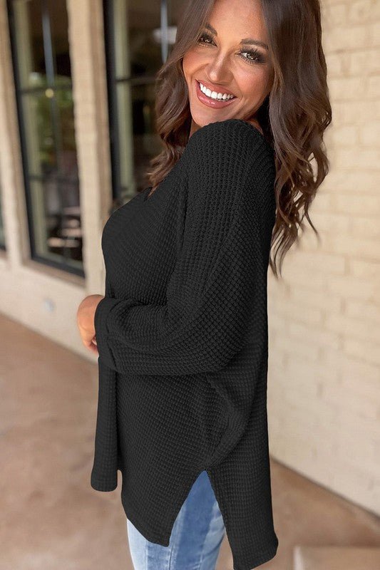 Women Waffle Knit Side Slits Loose Fit V Neck Top - p3 Boutique