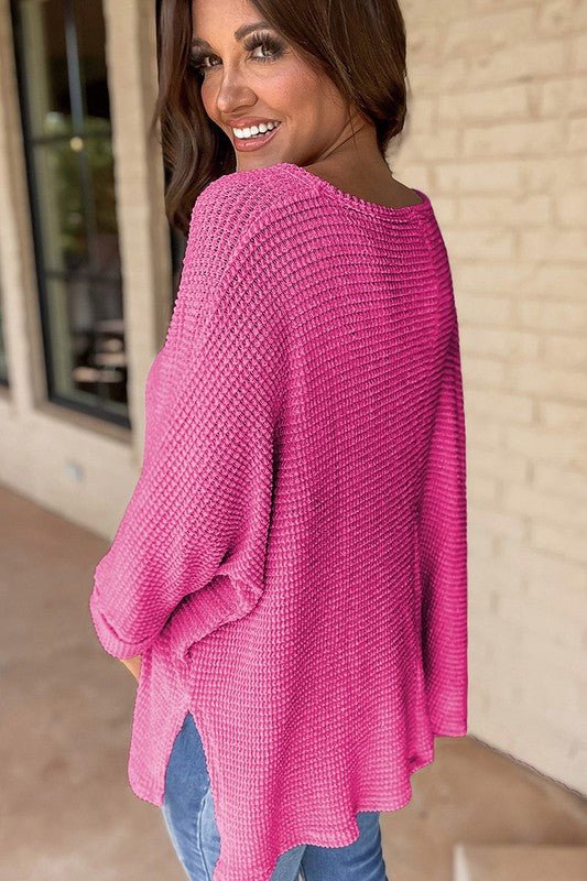 Women Waffle Knit Side Slits Loose Fit V Neck Top - p3 Boutique