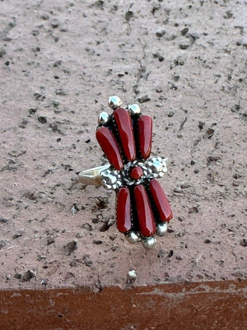 Zuni Sterling Silver & Coral Needlepoint Ring - p3 Boutique