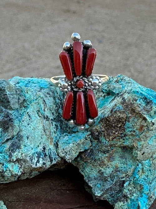 Zuni Sterling Silver & Coral Needlepoint Ring - p3 Boutique