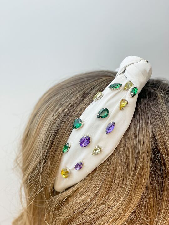 Mardi Gras Jeweled Top Knot White Headband - p3 Boutique