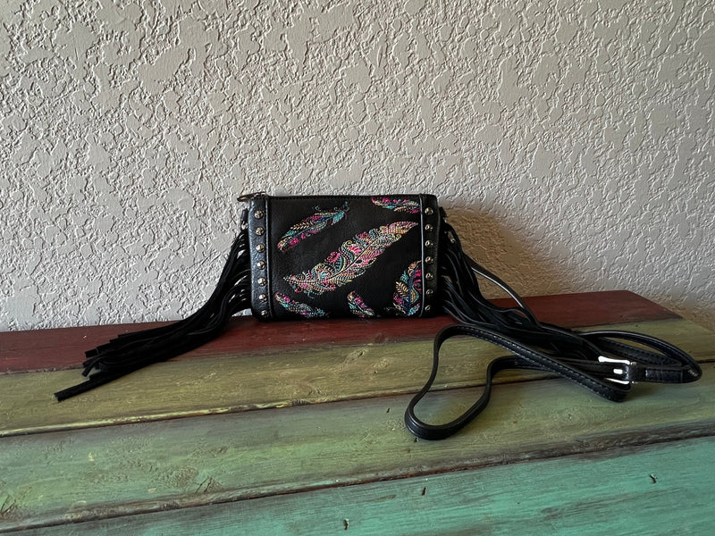 Montana West Embroidered Feather Clutch/Crossbody-Black - p3 Boutique